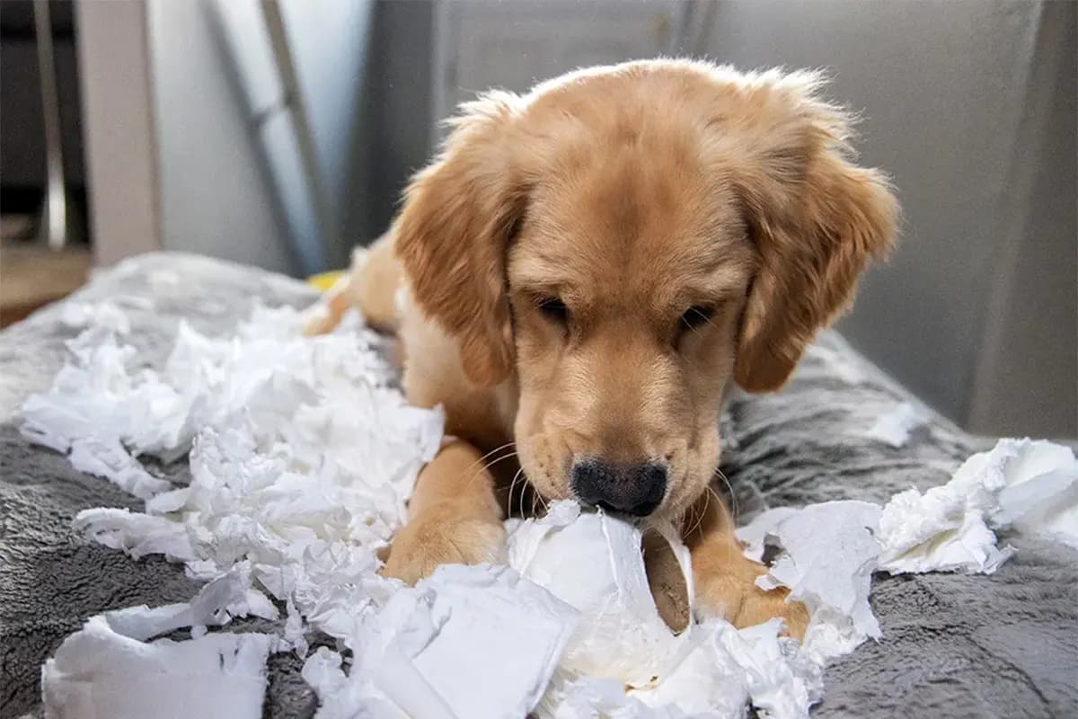 young dog eating a toilet paper roll