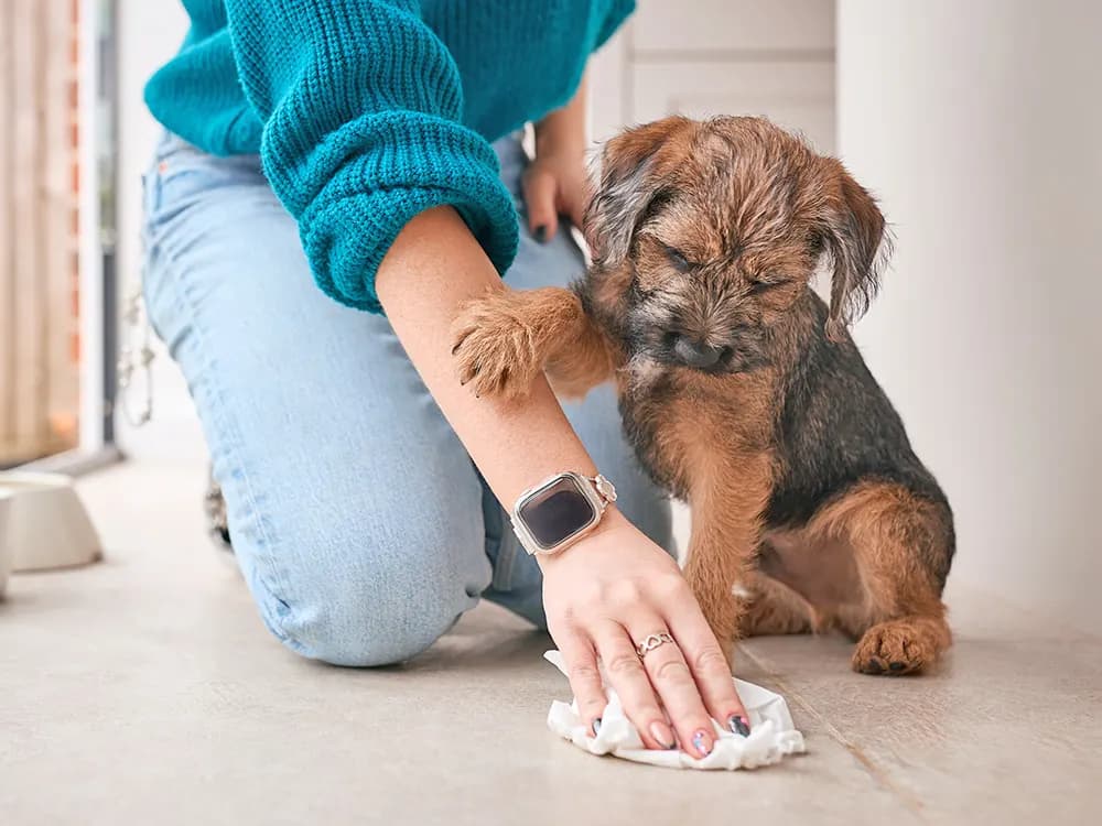 woman cleaning up dogs poop on floor